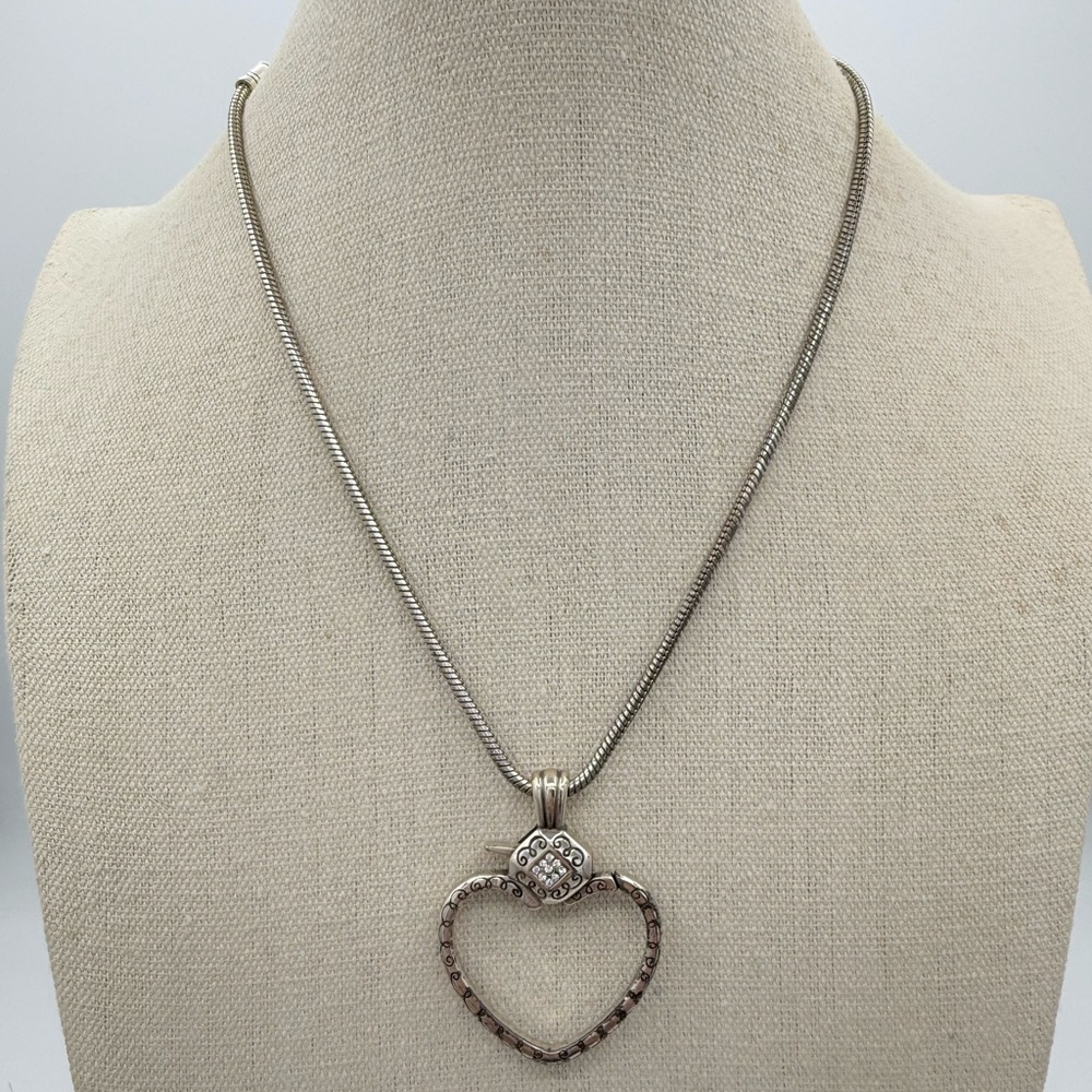 Brighton Silver Scroll Open Heart Crystal Pendant Snake‎ Chain Necklace